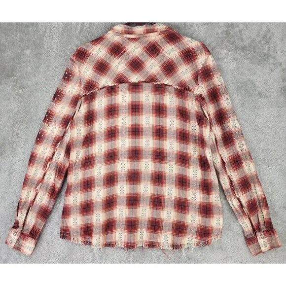 Idyll Wind Shirt Womens Large Red Cream Plaid Flannel Beaded Fringed Western Top - Picture 2 of 14